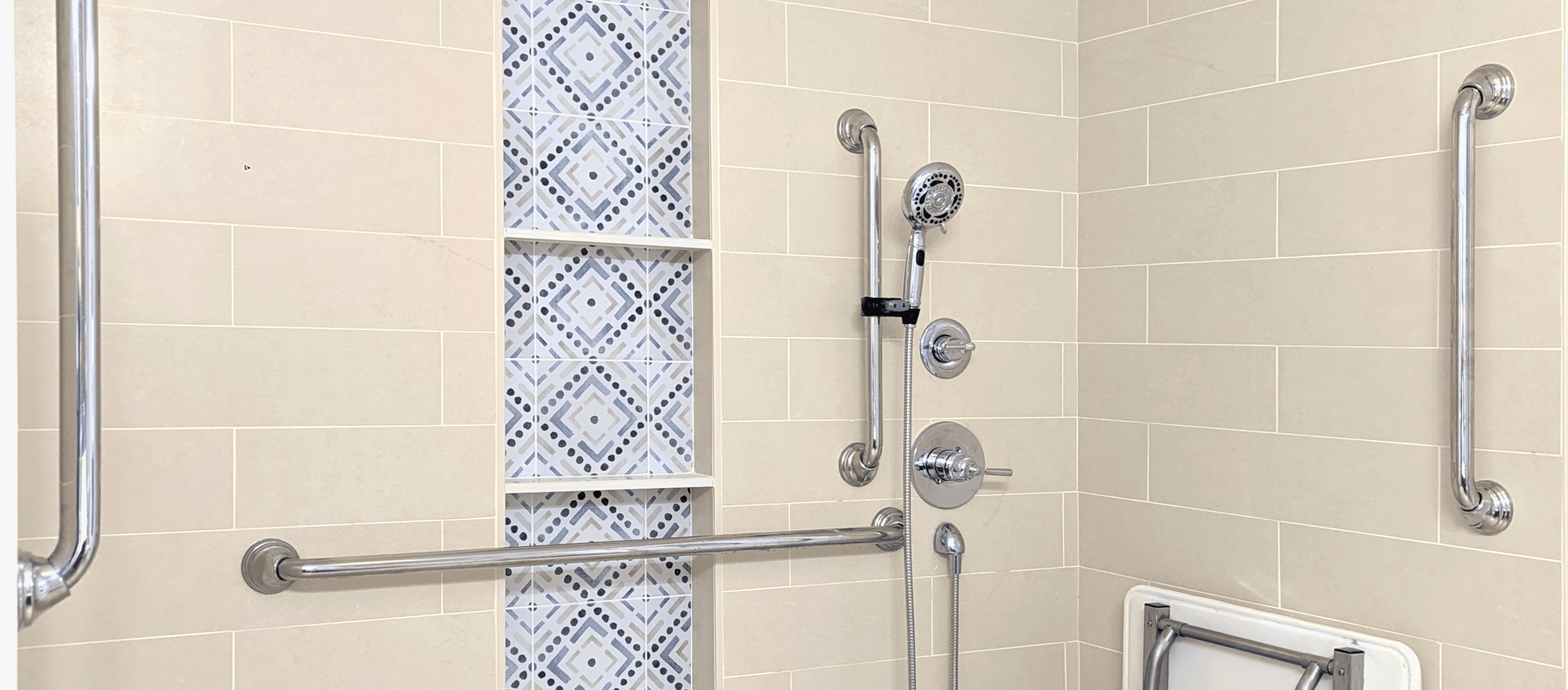 Accessible Design Remodeling. Shower with Grab bars, lever controls and handheld shower